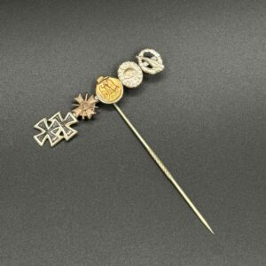 Five-Award Miniature Stickpin: EK2 1939, Ostmedaille, War Merit Cross, Infantry Assault Badge in Silver, Wound Badge in Silver. Post-war, 1957.
